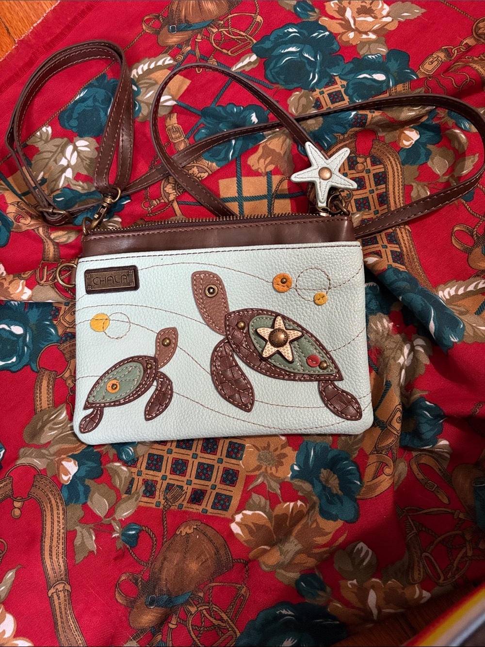 Chala Light Blue and Brown Sea Turtle Crossbody Bag with Starfish Charm